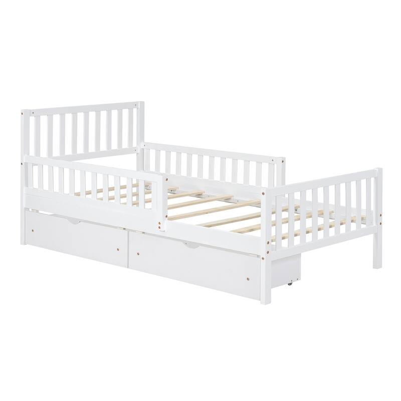 Twin Size Wood Platform Bed with Guardrails and Storage Drawers, White