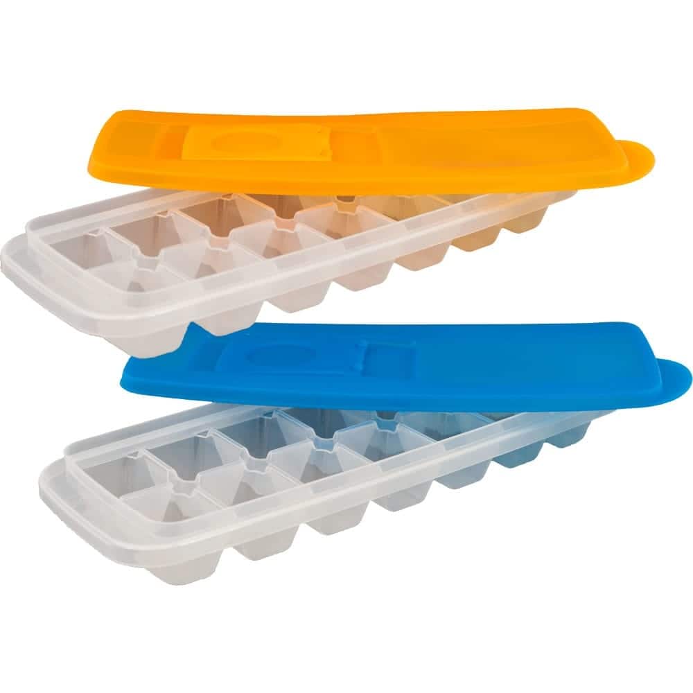 Set of 2 Ice Cube Trays - 14-Cube Spill-Resistant, Easy-to-Fill Trays with Lids by Chef Buddy (Multicolor)