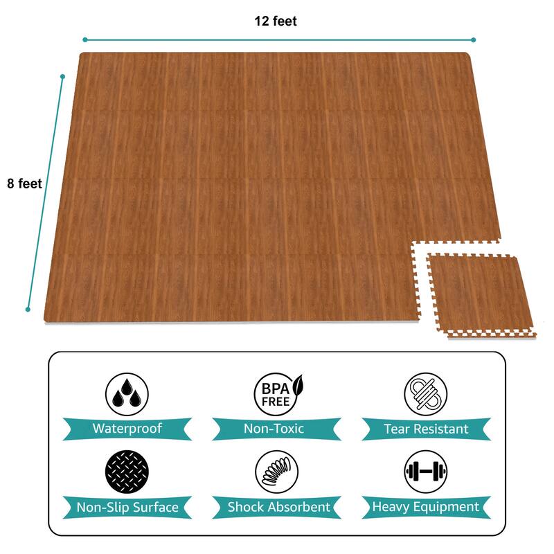 Sorbus 96 Sq. Ft. Wood Grain Floor Tiles Foam Mat EVA Interlocking Mats Tile 3/8-Inch Thick Exercise Mats w/Borders