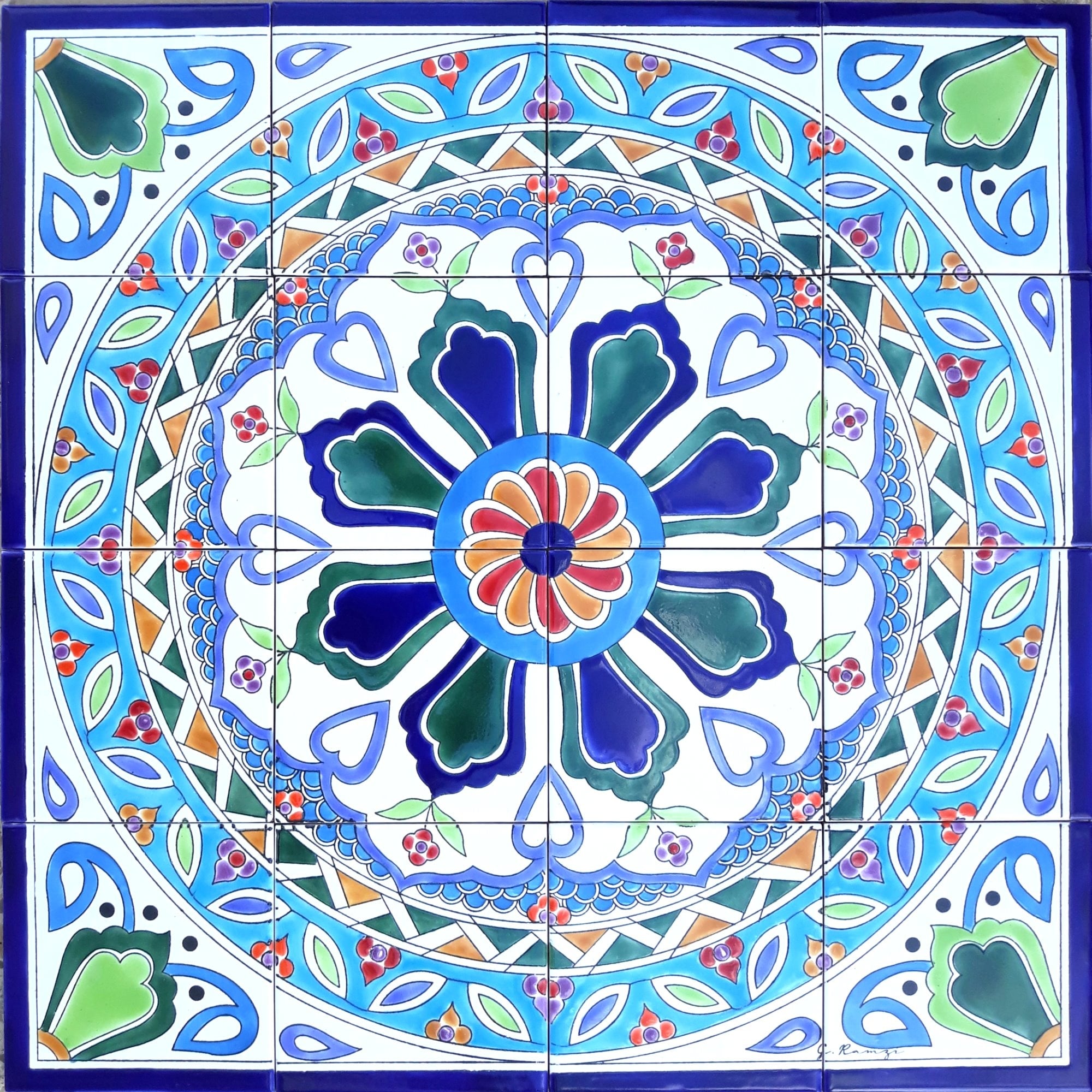 Blue & White 24"x24" Turkish Iznik Floral Pattern Mural Ceramic Tile Panel Set 