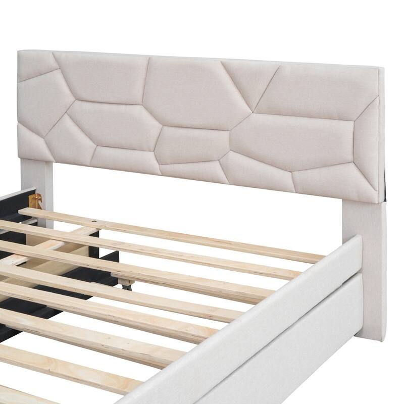 Full Size Upholstered Platform Bed with Brick Pattern Headboard, with Twin Size Trundle and 2 Drawers, Linen Fabric
