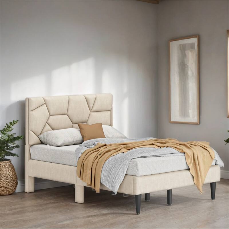Full/Queen Linen Bed Frame with Storage Headboard,No Noise