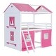 preview thumbnail 5 of 32, Full Size Bunk Wood House Bed with Windows, Sills and Tent, Pink+White