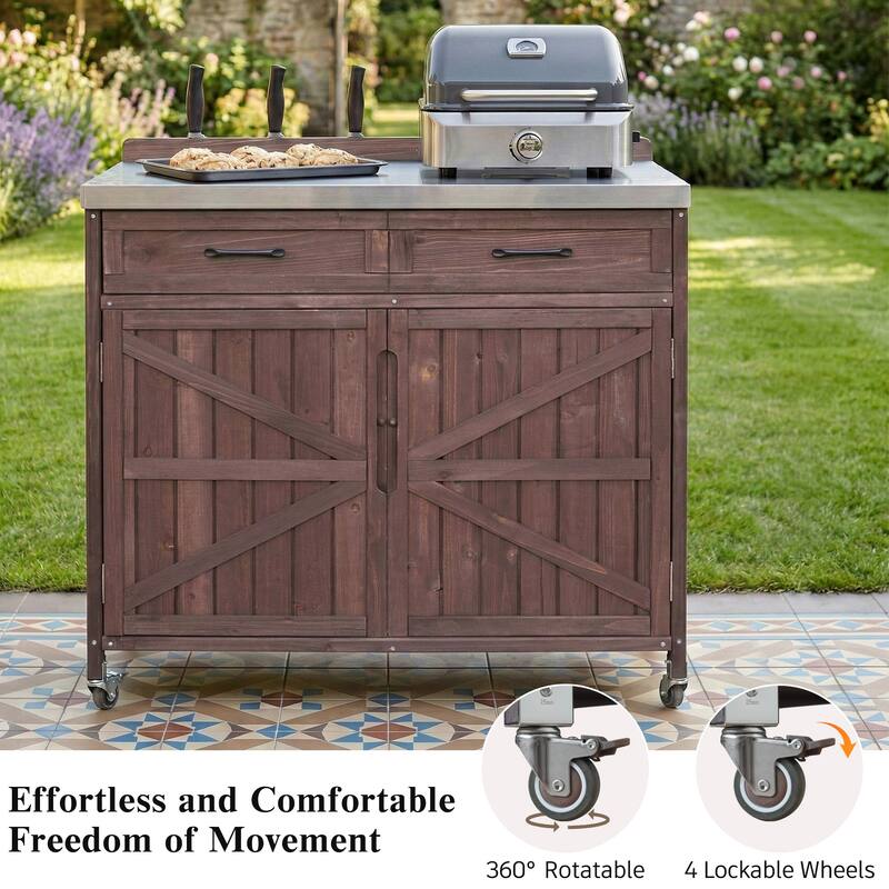 39.4" Outdoor Kitchen Island with Stainless Table Top, with One Large Drawer, Internal Storage Racks & 4 Wheels