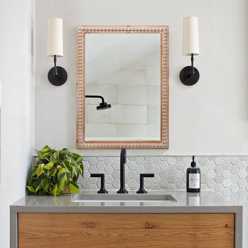 Wooden Frame Wall Mirror Farmhouse Wall Mounted Rectangle Mirror - Antique Natural
