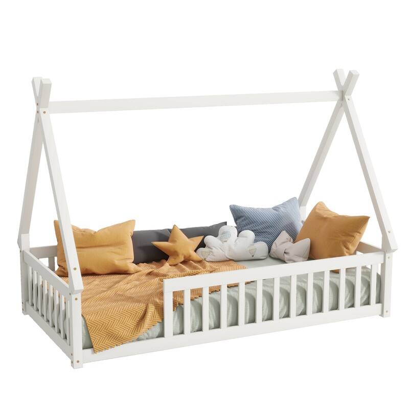 Twin Size Tent-shaped Floor Bed with Guardrails and Slats