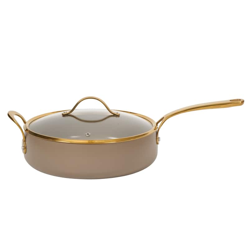 Bloomhouse Pots and Pans Heavy Duty Aluminum Premium PFA Free Ceramic Nonstick - Cappucino Cream with Gold Handle - 22.05" x 14.88" x 5.71"
