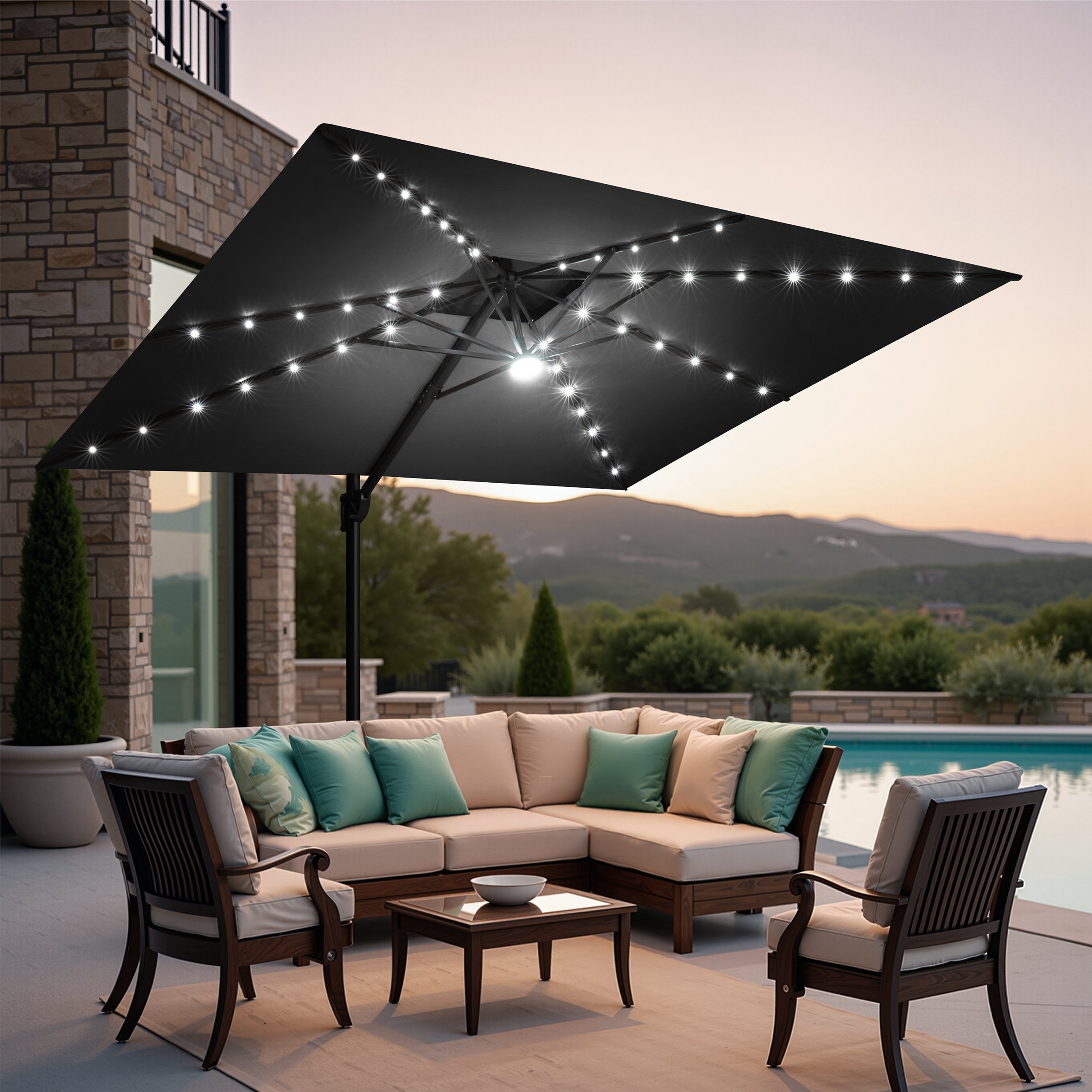 9 FT x 11 FT Outdoor Rectangular Double Top LED Lighted Patio Cantilever Offset Umbrella