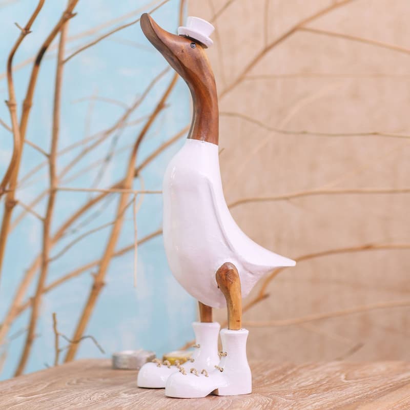 Handmade White Dapper Duck Bamboo Root And Wood Sculpture (Indonesia) - 16.5" H x 5" W x 7" D