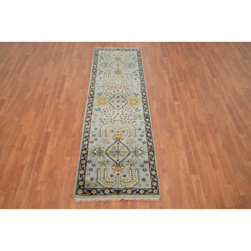 Hand Knotted Oriental 100% Wool Carpet Transitional All-Over Greys & Charcoal Oushak Runner Rug - 7' 11'' X 2' 6''