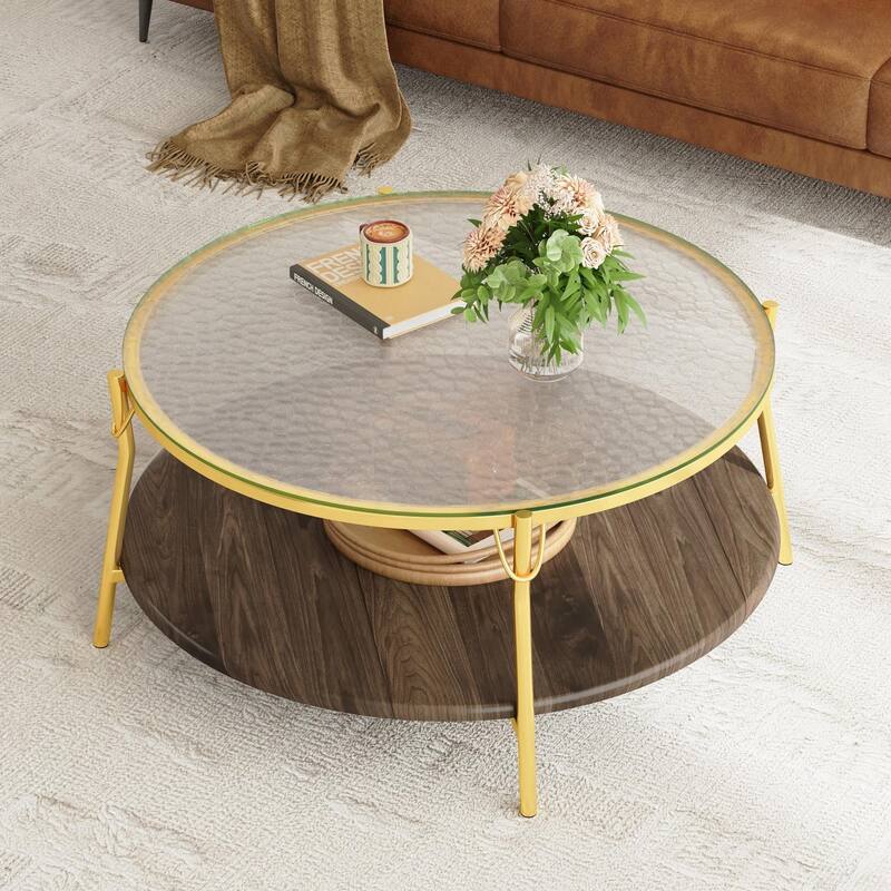 29.9" Modern Round Walnut 2-Tier Coffee Table with Glass Top and Gold Base