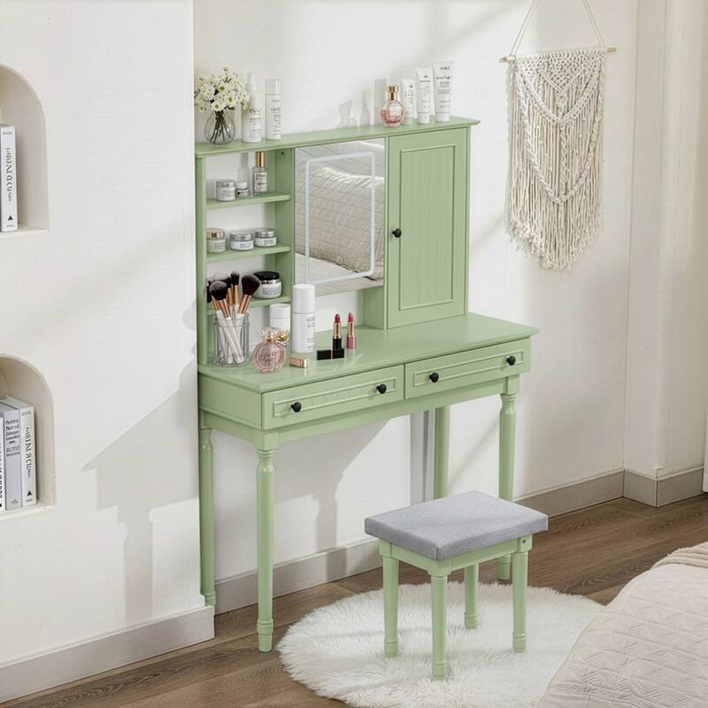 Vanity Desk with Adjustable Lighted Mirror & Upholstered Stool