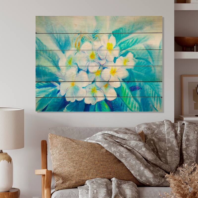 Designart 'White And Blue Pastel Flowers' Traditional Wood Wall Art Décor - Natural Pine Wood - 36 In. wide X 24 In. high