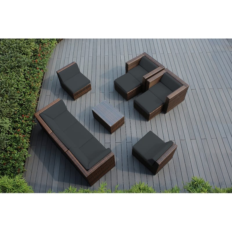 Ohana Outdoor Patio 10 Pc Mixed Brown Wicker Seating Set with Cushions - No Assembly - Grey