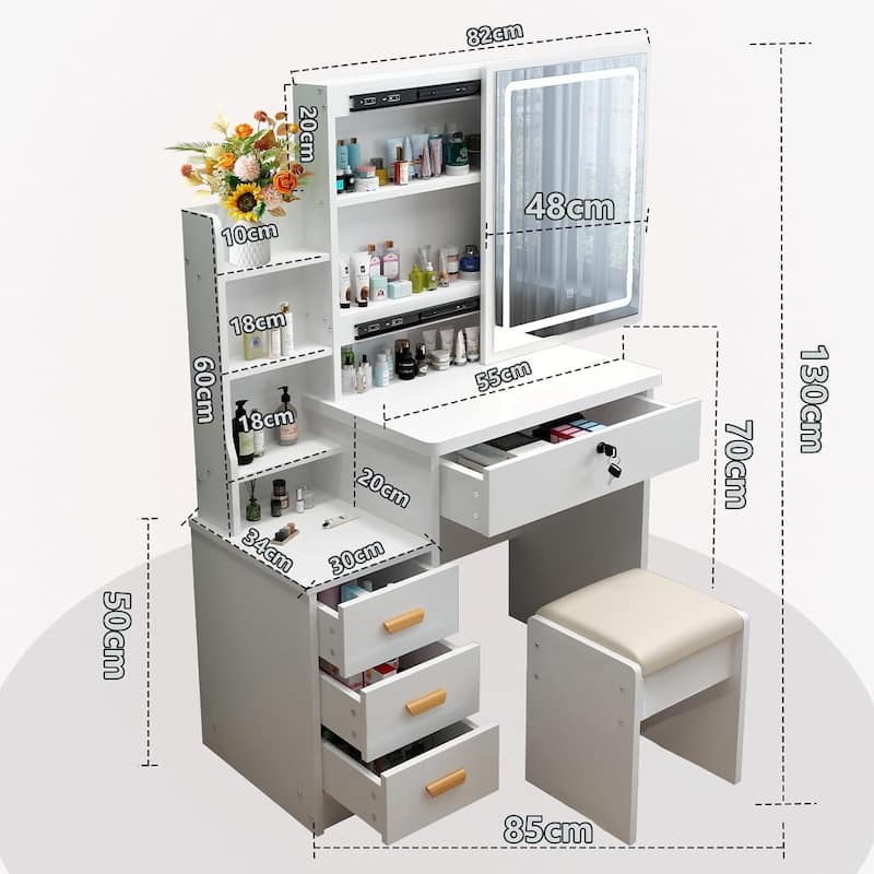 Vanity Desk With Sliding Mirror And Lights, Makeup Vanity , Power Outlet, 3 Color Adjustable Lighting Modes