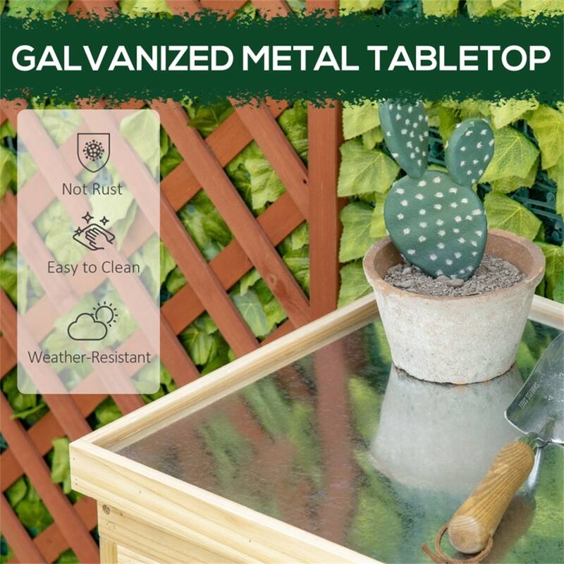 Natural Fir Wood Garden Storage Cabinet with Galvanized Steel Top Double Door Closet and Outdoor Tool Storage