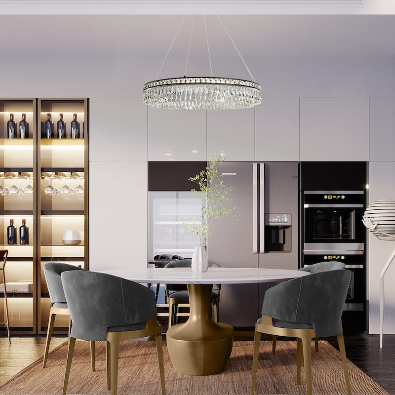 Modern Farmhouse LED Wheel Chandelier Drum Black Dining Room Pendant Lights With Crystal - W 33.5" x H 5.9"