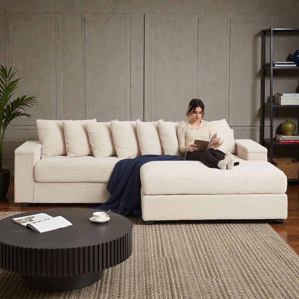 Oversized L Shaped Sectional Sofa with Chaise, Corduroy Upholstered Couch with Armrest Storage and Ottoman