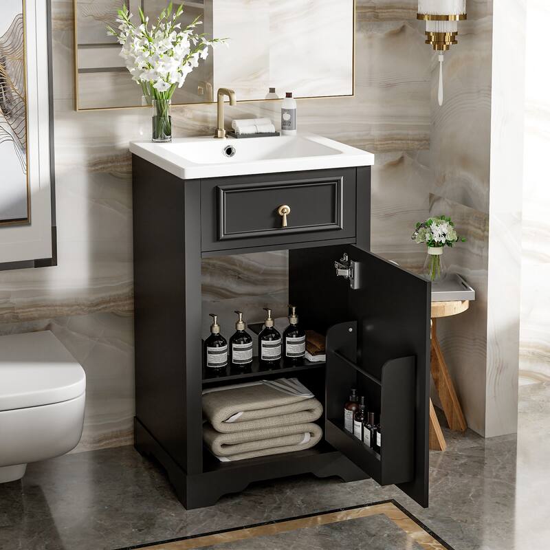 20-Inch Bathroom Vanity with Ceramic Sink, Soft Close Door, Adjustable Shelf, and Door-Mounted Storage Rack - Black