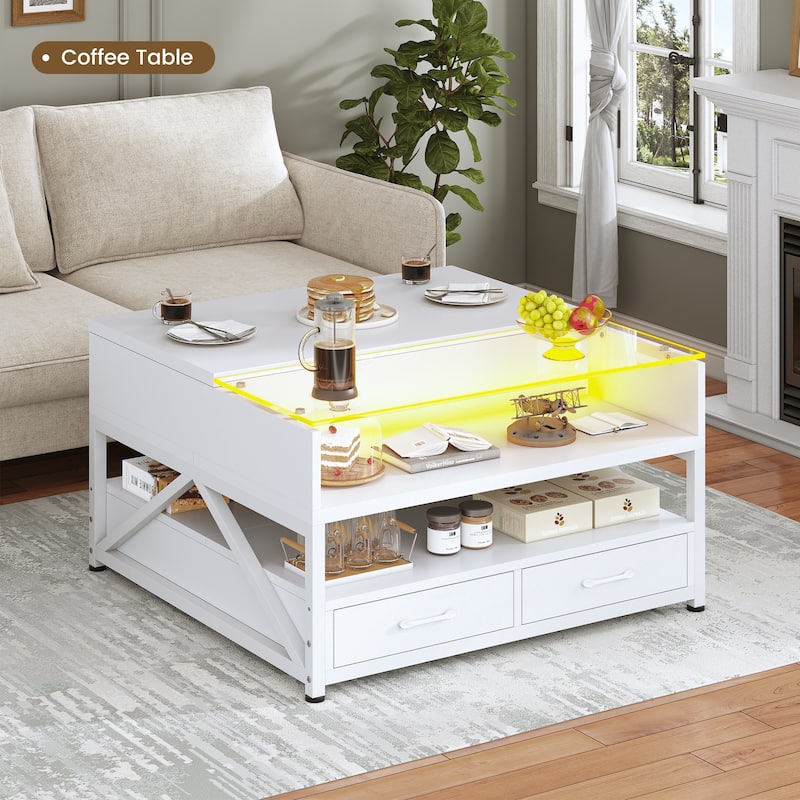 Coffee Table Lift Top 2 Drawers Hidden Compartment for Living Room