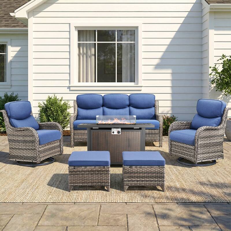 Pocassy 6/7 Piece Patio Sofa Swivel Chair Set with 43" Fire Pit Table - Gray Wicker Blue Cushion - 6-Piece Sofa Swivel Chair Ottoman w/ Fie Table
