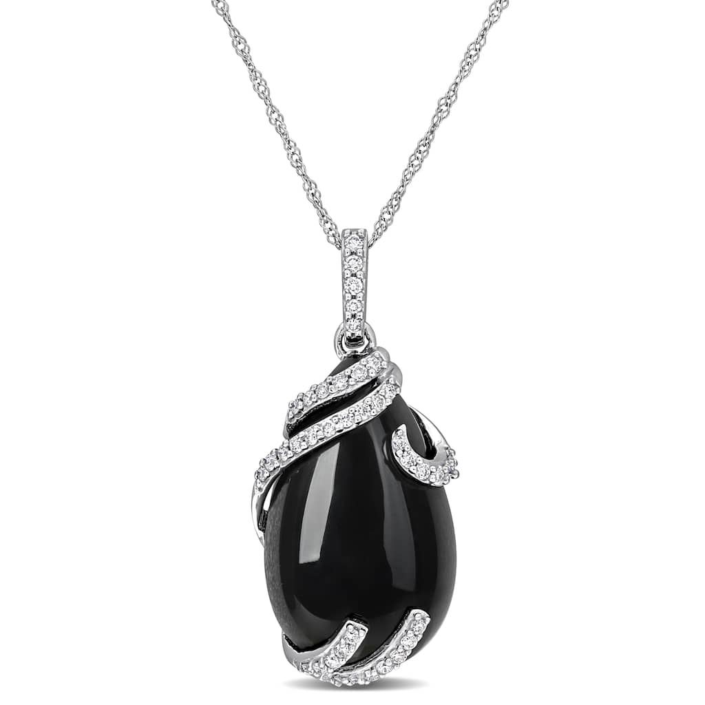 Miadora 9ct TGW Black Onyx and 1/5ct TDW Diamond Swirl Drop Necklace 10k White Gold-17 in