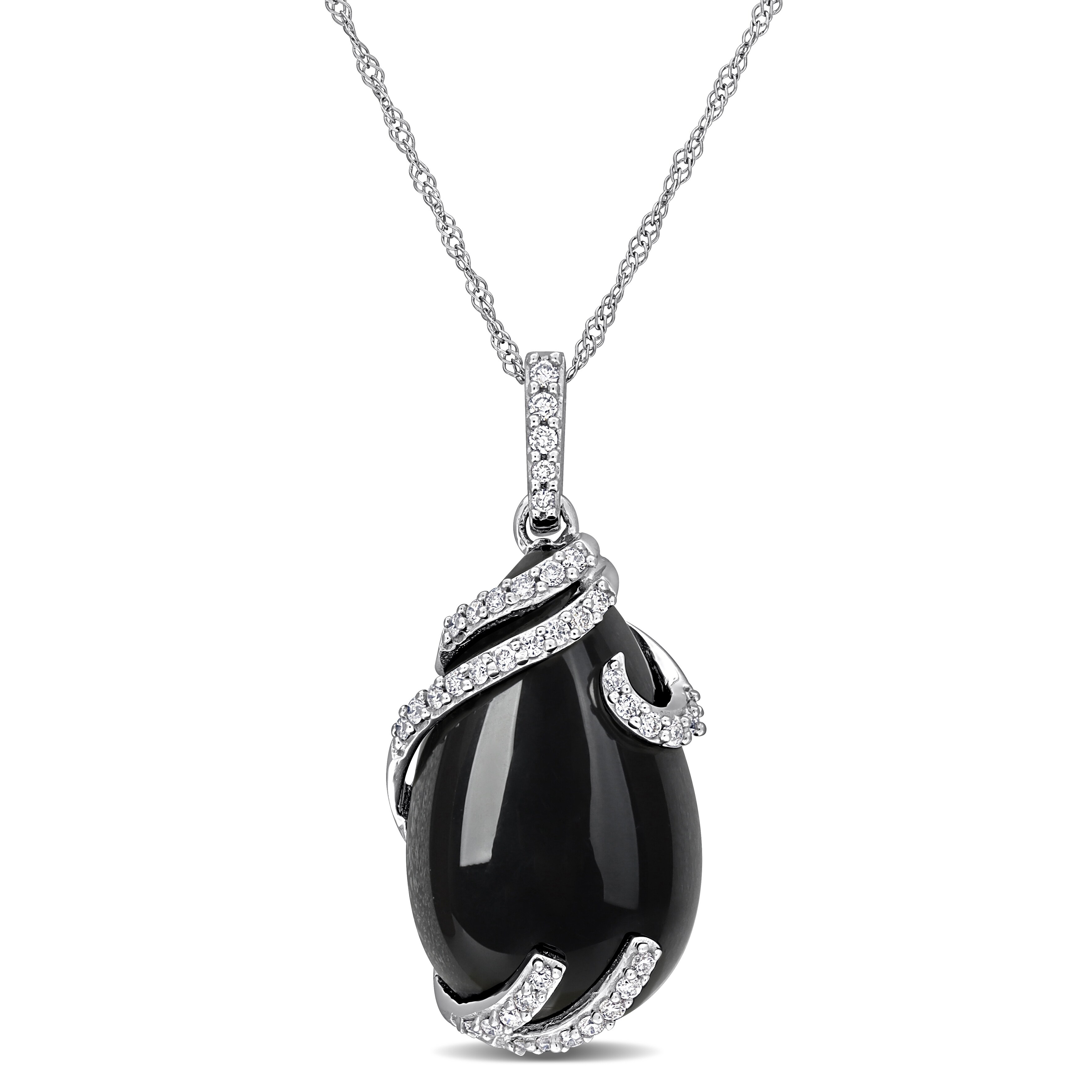 Miadora 9ct TGW Black Onyx and 1/5ct TDW Diamond Swirl Drop Necklace 10k White Gold-17 in