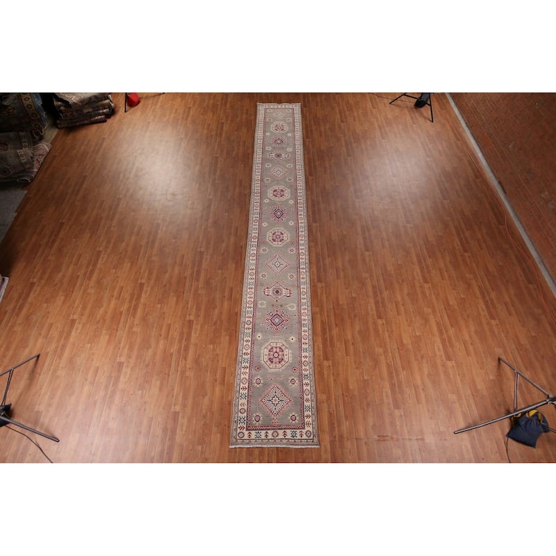 Geometric Kazak Runner Rug Handmade Hallway Wool Carpet - 2'8" x 19'5"
