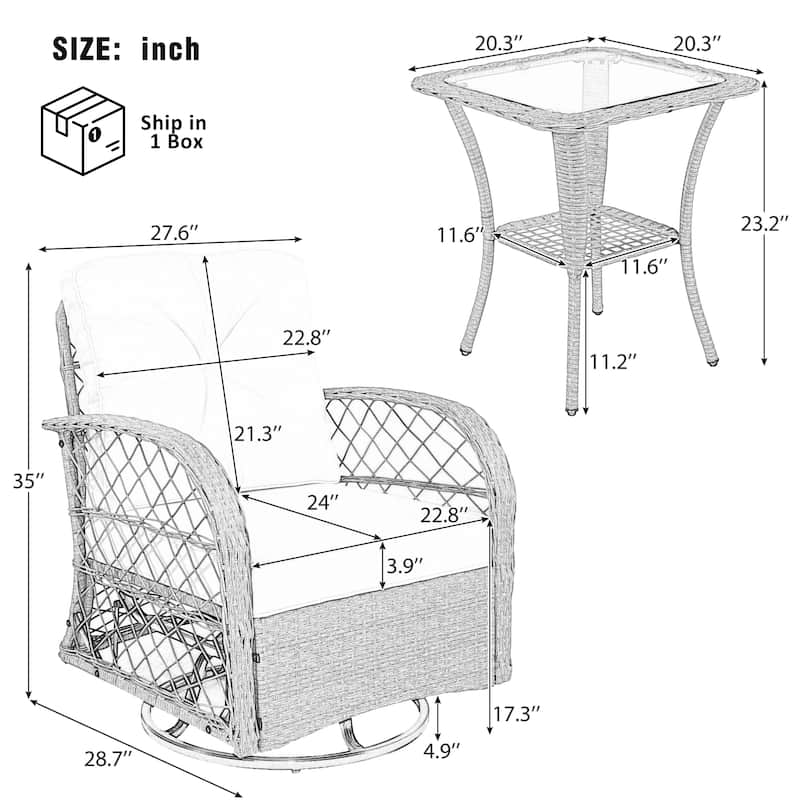 3-Piece Outdoor Rattan Seating Group with 2 Swivel Chairs & 1 Square Table