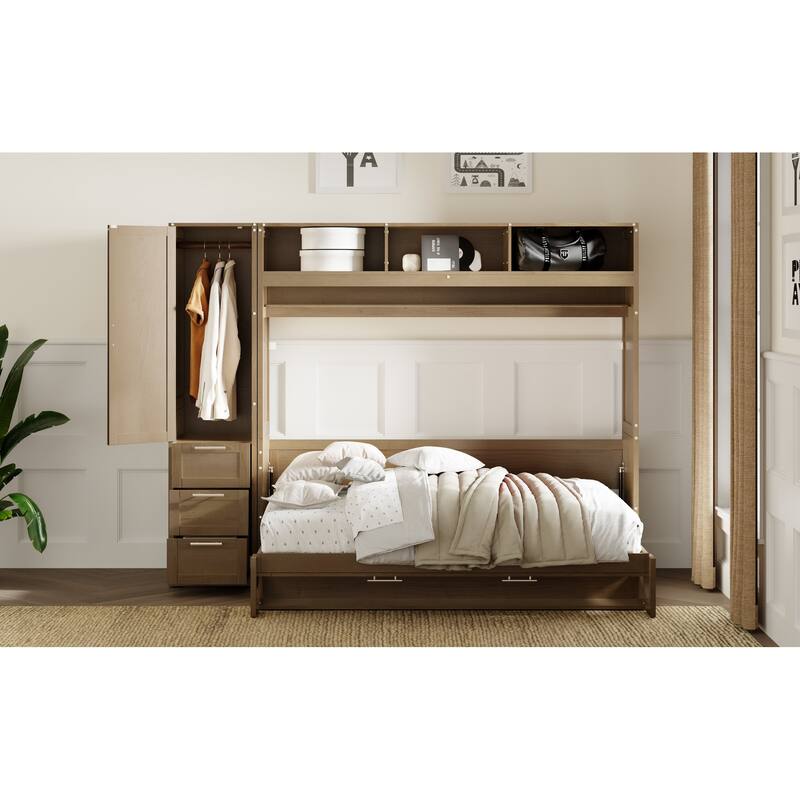 Full Size Murphy Bed with Wardrobe, Drawers & Shelves