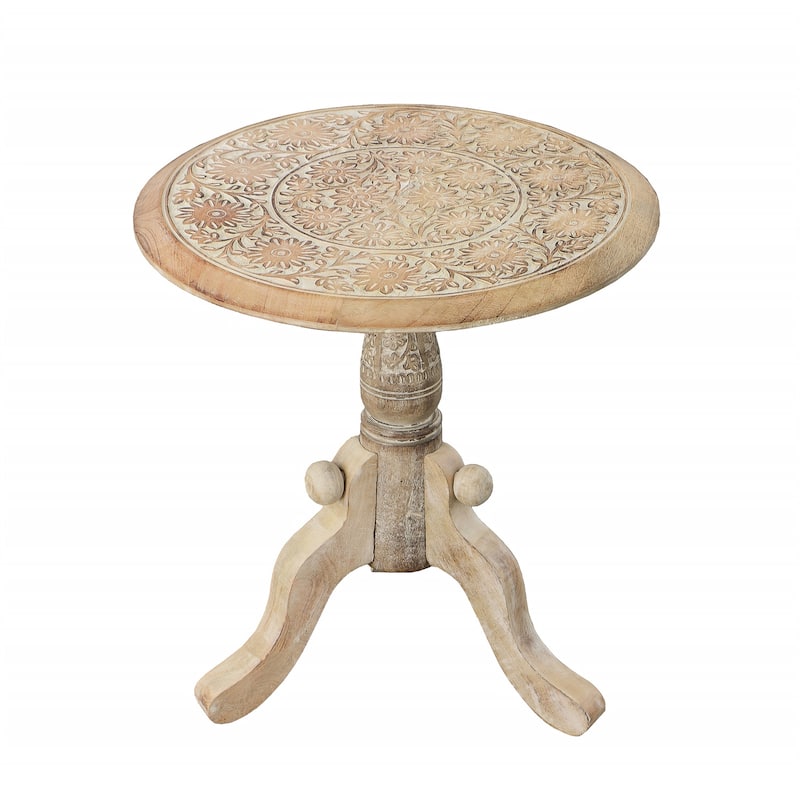 18 in. Brown and White Round Wood End Table with Pedestal Base