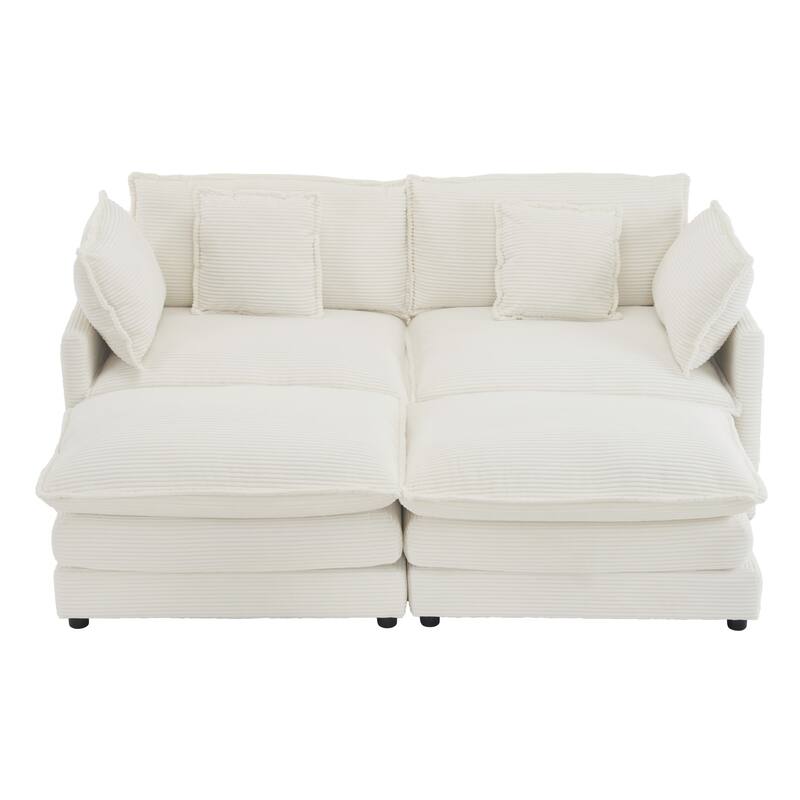 Corduroy Loveseat Set with Movable Ottoman 4 Seater Corner Sofa, Upholstered Deep-seat Couch wCushions and 4 Pillows