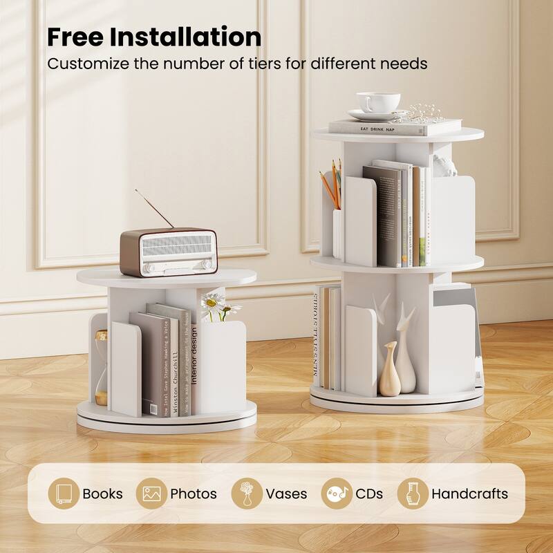 2-Tier Freestanding Bookshelf with Rotating Storage Shelves Rack for Books or Decor - 15.5" x 15.5" x 26"