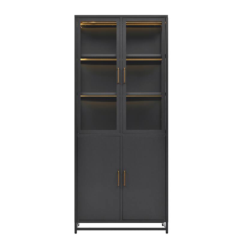 76.75'' Tall Display Cabinet with Double Glass Doors and LED Lights Steel Curio Cabinet