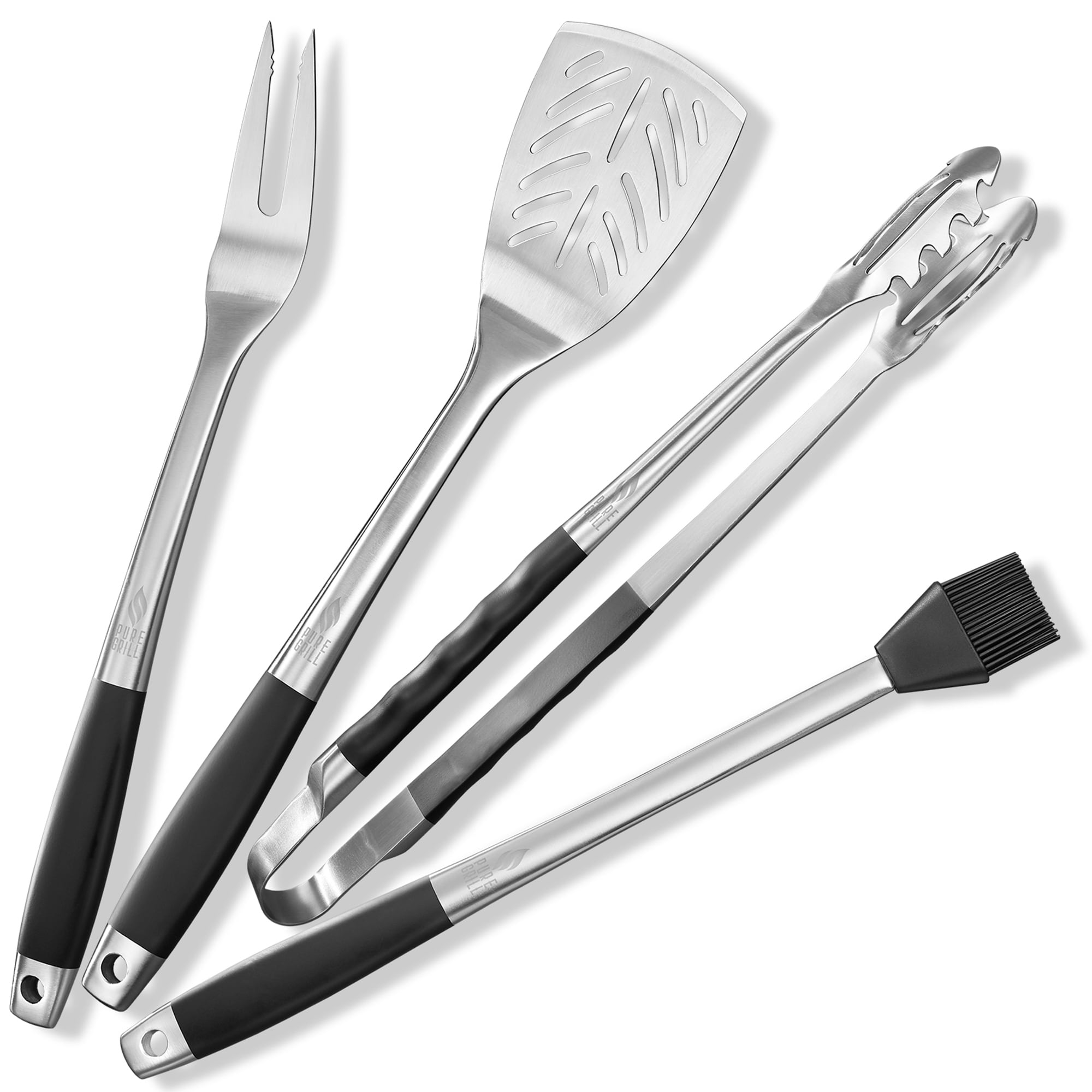 4pc BBQ Tool Utensil Set, Stainless Steel by Pure Grill - Silver