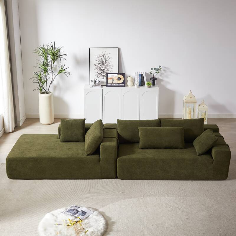 Chenille Upholstered Sectional Daybed Modular Sleeper Couch L Shape Sofa with Chaise Lounge & 6 Pillows for Living Room Loveseat