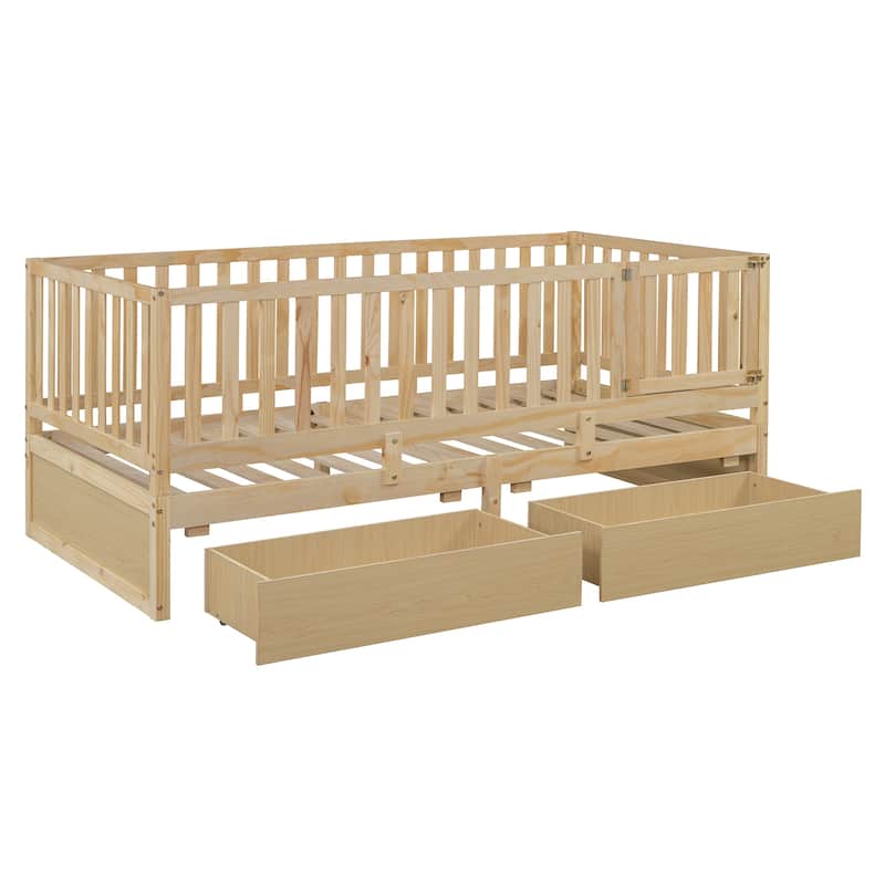 Twin Size Convertible Wood Daybed & Floor Bed with Fence Guardrails and 2 Drawers