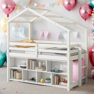 Modern Twin Size Loft Bed with Roof Frame,Under Bed Shelving Storage Unit,Guardrails,Ladder