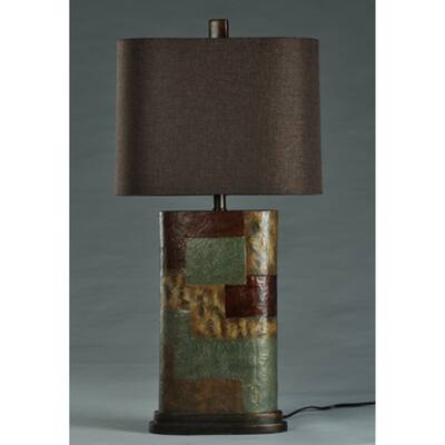 StyleCraft Henry Faux Leather Patchwork Table Lamp with Heathered Brown Fabric