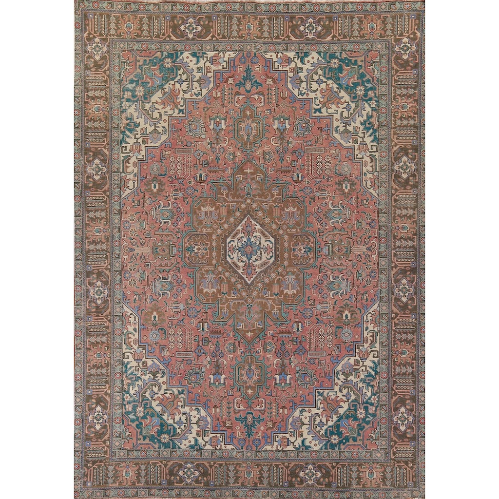 Pink Geometric Tabriz Persian Vintage Rug Hand-Knotted Wool Carpet - 9'7" x 12'10"