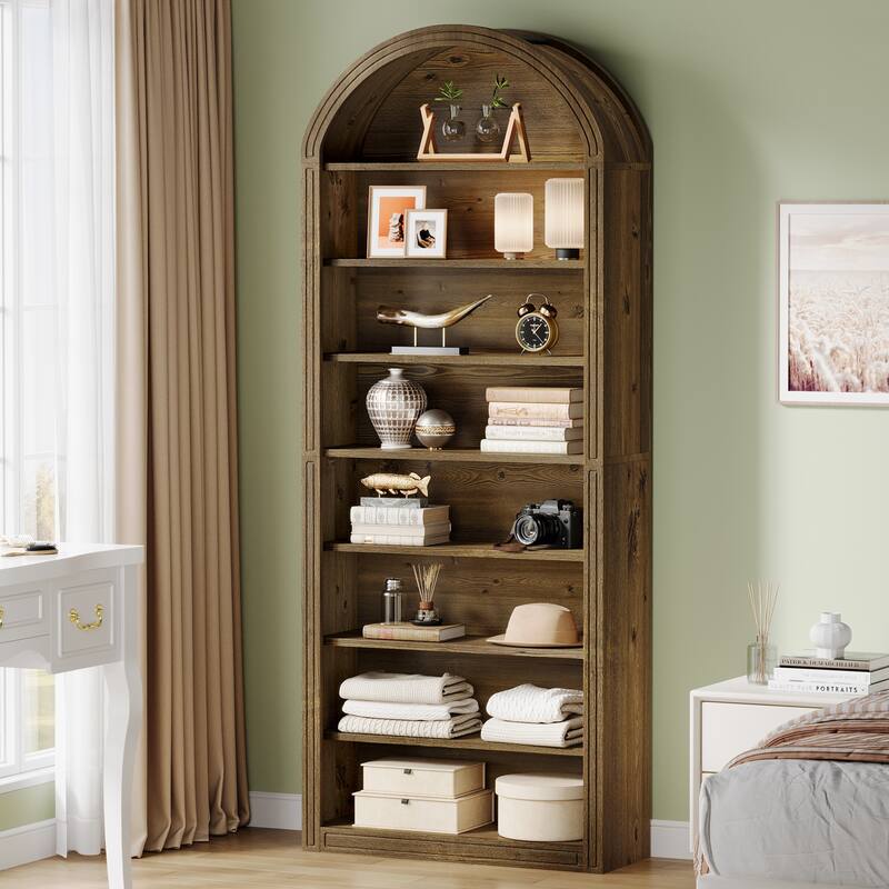 79.5" Tall Arched Bookcase with Storage Shelves - Brown
