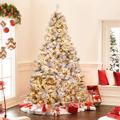 Pre-Lit LED 7ft Snow Flocked Artificial Christmas Tree with Metal Stand - 84" H x 44.5" W x 44.5" D
