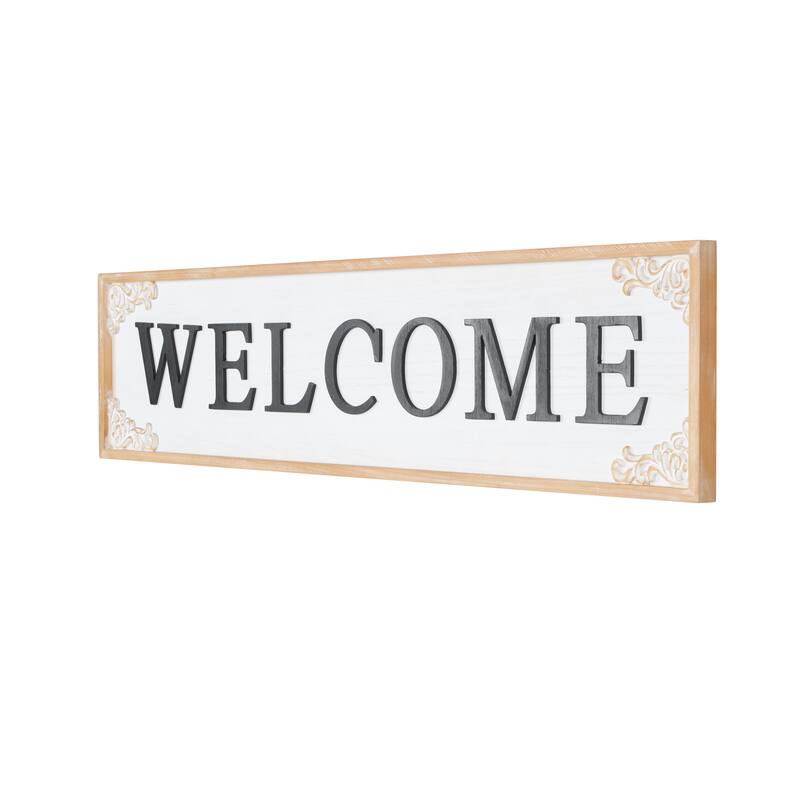 Wooden Sign Welcome Wall Decor with Scroll Details - White - Roche River Decor