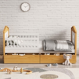 House Shaped Platform Bed,Twin Size Pine Wood Bed Frame with 2 Drawers