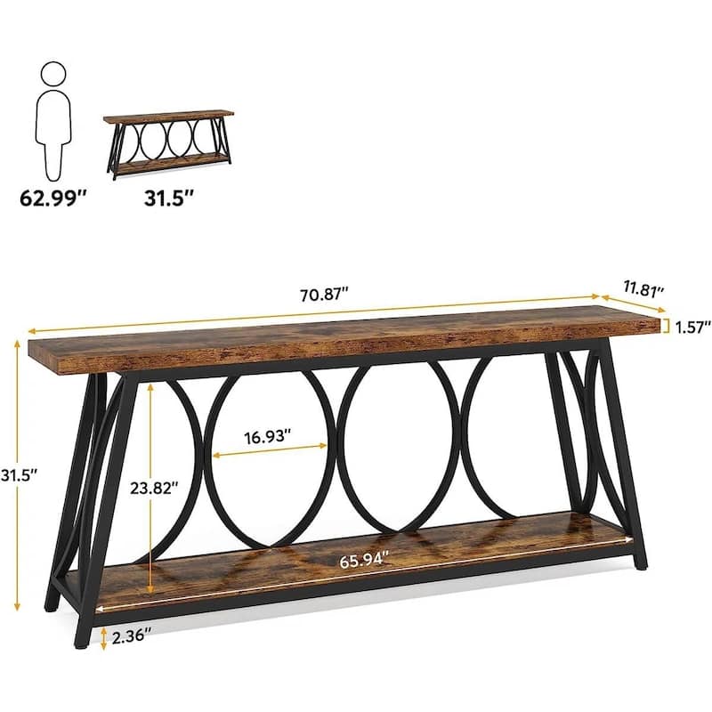 Wood Top Particleboard Steel Console Table with Shelf - 70.87” L x 31.50” H x 11.81” D