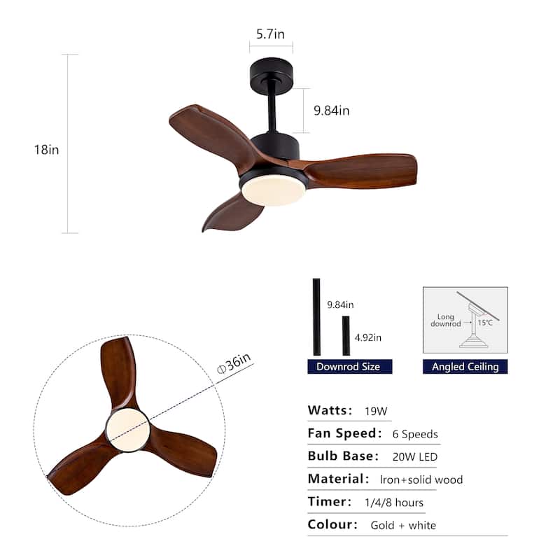 36" Wood Ceiling Fan with Lights Remote Control, Quiet DC Motor 3 Blade