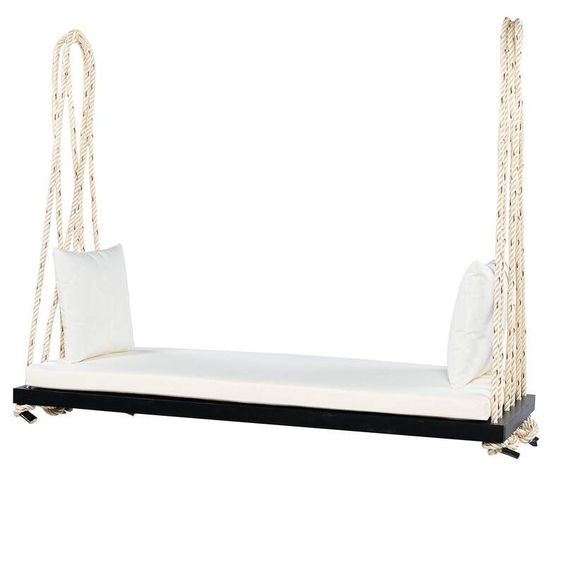 Patio Wood Hanging Swing Bench with Cushion and Pillows