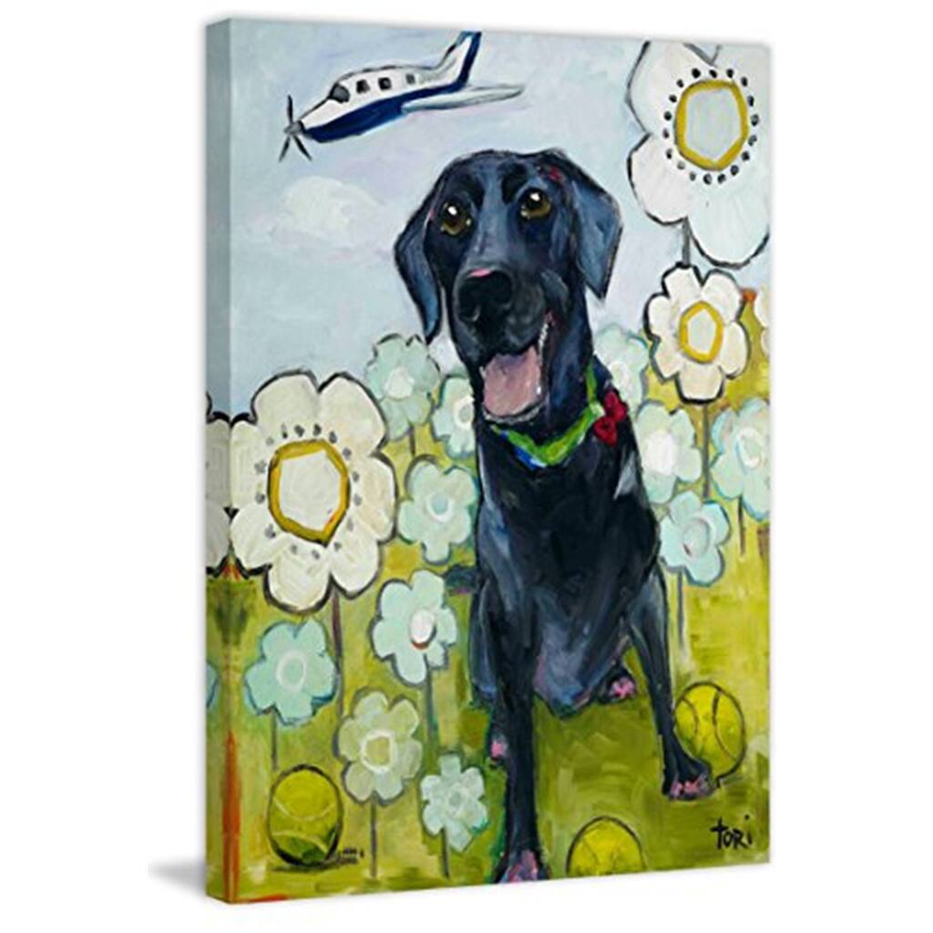 Girl Painting Print on Canvas, Black Lab Flowers Wall Art, Modern Home Decor, Ready to Hang