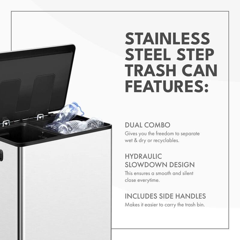 Stainless Steel Step Trash Can - 16 Gallon Garbage Bin with Soft Close Lid - Dual Compartment Recycling Wastebasket