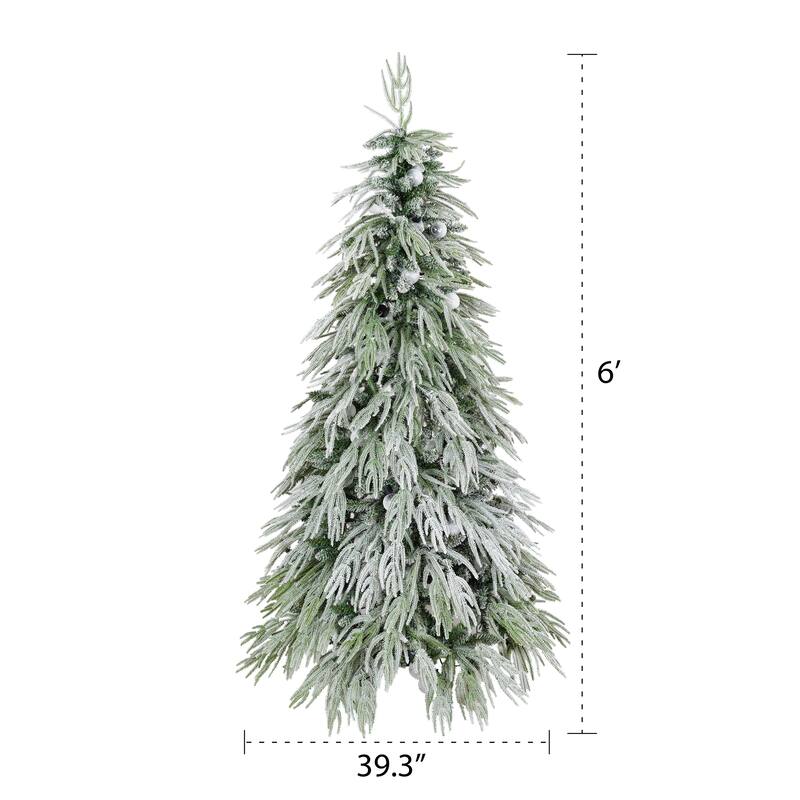 6FT Pre-Lit Spruce Snow Flocked Christmas Tree, Artificial Hinged Xmas Tree with LED Lights, Holiday Office Home Décor